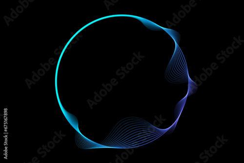 Abstract circle round frame by lines wavy flowing blue green gradient isolated on black background. Vector in concept modern, technology, science, music.