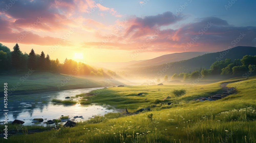 nature outdoor scenery sunrise landscape illustration grass background, countryside sky, hill view nature outdoor scenery sunrise landscape