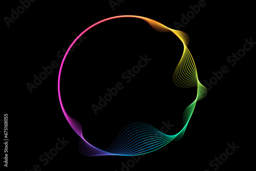 Vector abstract circles lines wavy in round frame colorful spectrum light gradient isolated on black background with empty space for text