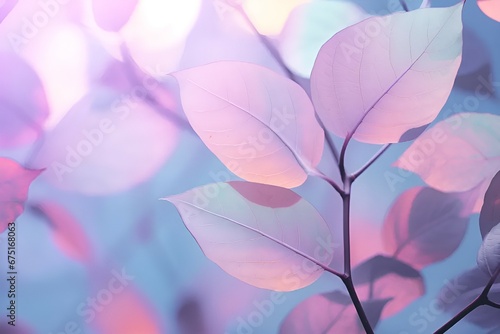 Mood lighting, close-up shots of many colorful leaves and flowers on tree branches, and generative ai.