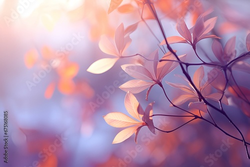 Mood lighting, close-up shots of many colorful leaves and flowers on tree branches, and generative ai.