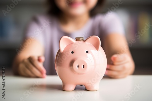 Child learns to save with his pink piggy bank. A prosperous future begins with small savings. Financial education, money savings and business financial banking concept.