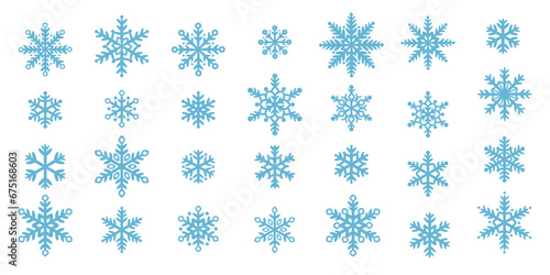 Blue snowflake icon set, cute hand drawn snow illustration elements, doodles with round shapes.