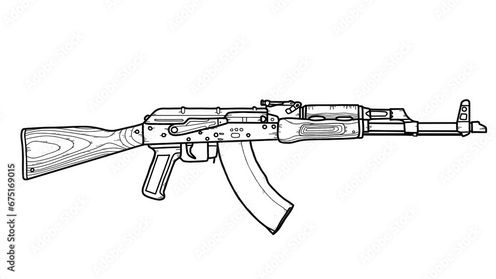 Close-up of AK 47 assault rifle on isolated white background, line Art Close-up of AK 47 assault rifle on isolated white background, line Art