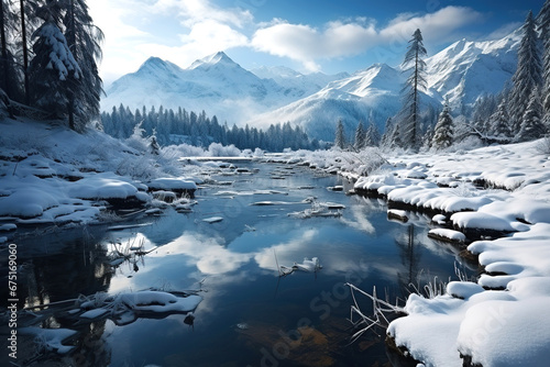 landscape with winter forest, mountains and river on frosty day