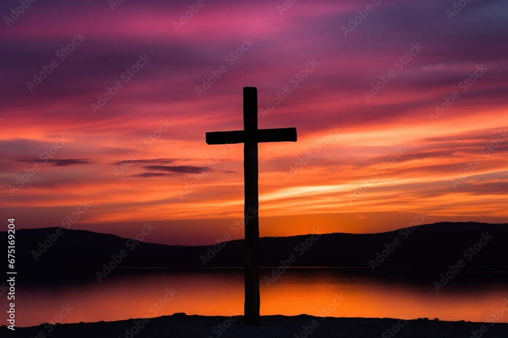 Silhouette of a cross on against a colorful sunset sky Silhouette of a cross on against a colorful sunset sky