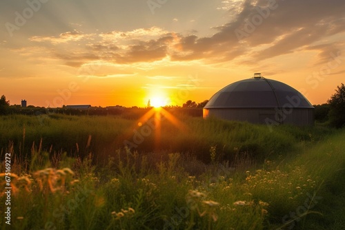 Sunset over a biogas plant. Generative AI