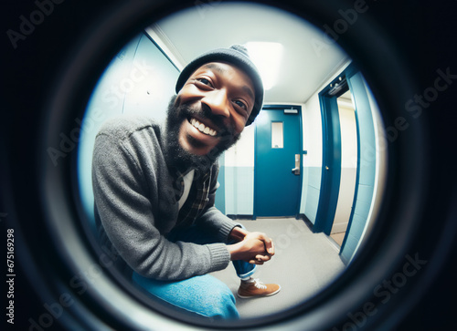 looking through the peeping hole of the door , watching the hallway where an african american friend is visiting photo