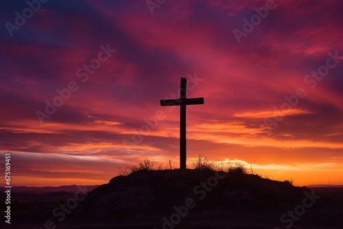 Silhouette of a cross on against a colorful sunset sky