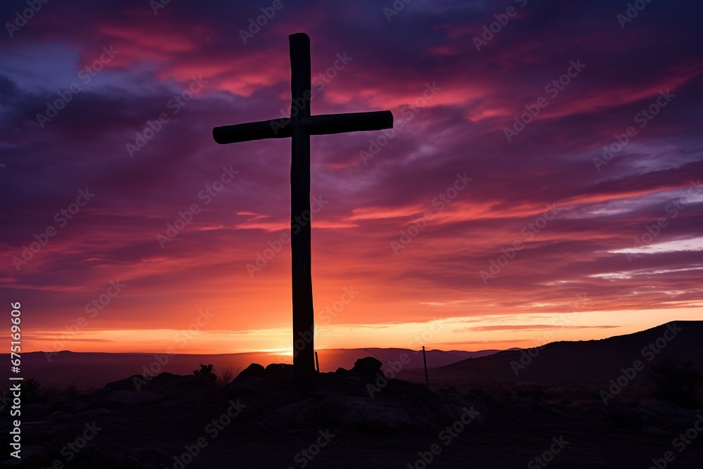 Silhouette of a cross on against a colorful sunset sky
