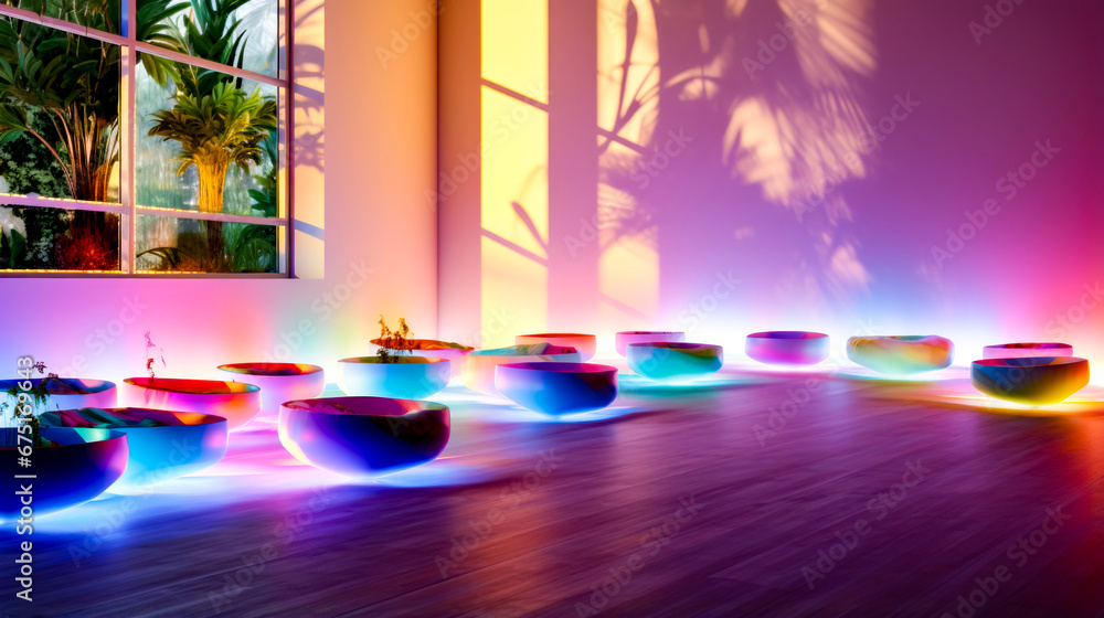 Group of bowls sitting on top of wooden floor next to window.