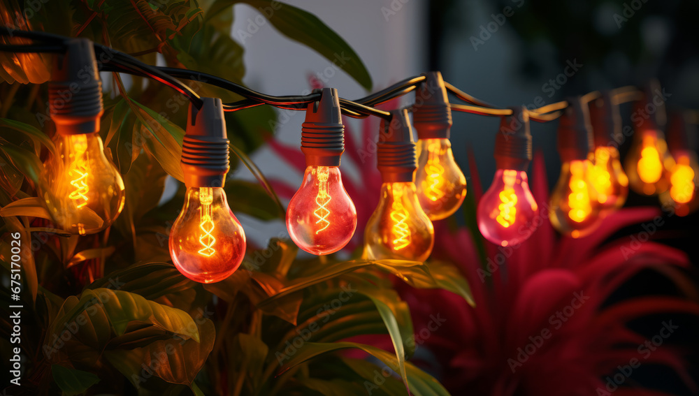 Close-up of a street garland with warm light on patio late at night. Captivating Dark Background with Light Bulbs.