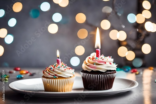 Birthday cupcake with candle on light grey table against blurred lights on table on light background in room interior