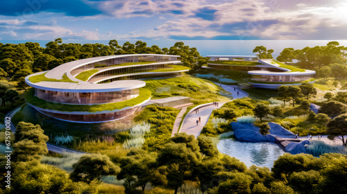 Artist's rendering of futuristic building surrounded by trees and water.