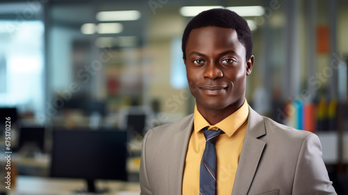 Portrait of Black Handsome Businessman in formal suit. Business and career success concept. Office background. Guy smiles and look at the camera. Ai generative.