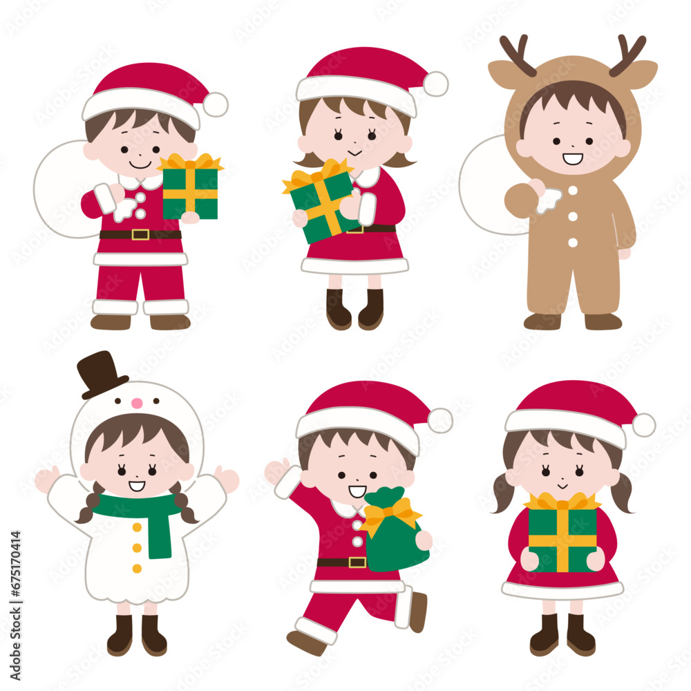  クリスマスの衣装を着た子供のイラスト。 クリスマス、ベクター、サンタ クロース、男の子、女の子、プレゼント