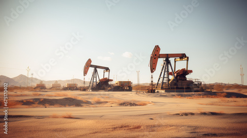 International War on oil prices worldwide. Pump rig, Pumpjack. Oil and gas production, Oilfield site. Crude oil. Global crisis. Drilling derricks, Fossil fuels concept. Ai generative photo