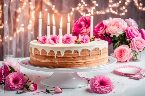 Beautiful Aniversary cake with candles and pink flowers and ribben decoration on it on table on light background in room interior photo