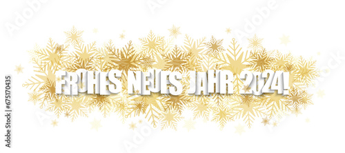 FROHES NEUES JAHR 2024 (HAPPY NEX YEAR 2024 in German) white typography banner with gold snowflakes