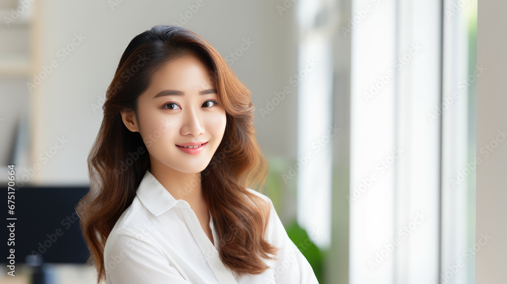 Woman with stylish hair. Office background. Portrait of beautiful asian businesswoman looks at the camera and smiles. Feminine Business and career success concept. Ai generative