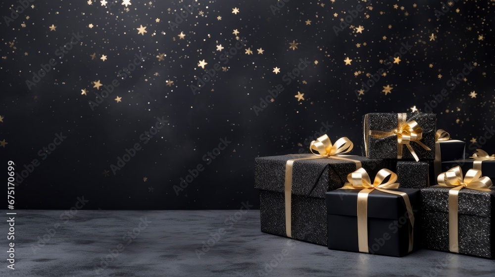 Beautiful Christmas black gift boxes on dark festive background banner Beautiful Christmas black gift boxes on dark festive background banner