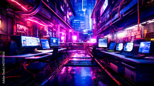 Sci - fi city at night with neon lights and computer monitors in the foreground.
