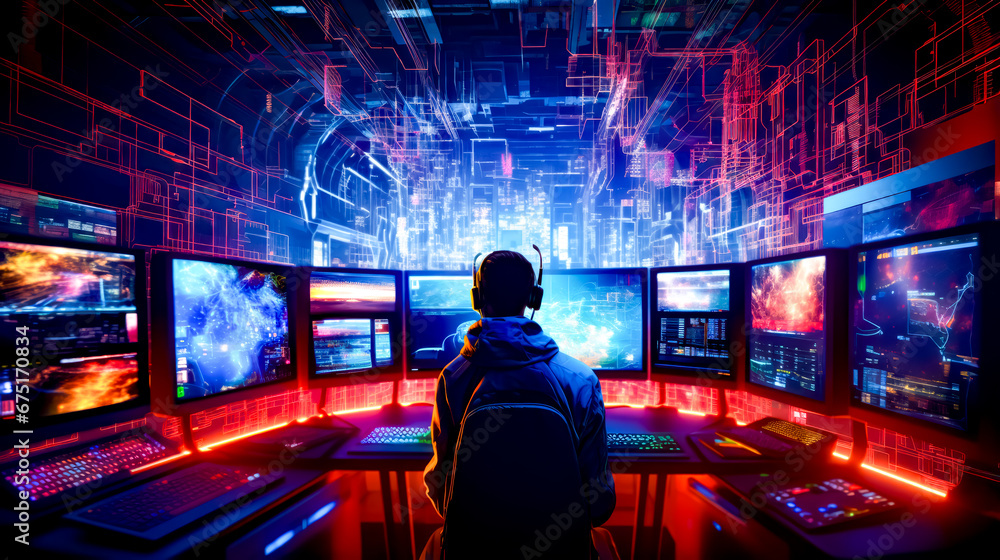 Naklejka premium Man sitting at desk in front of three monitors with multiple screens.