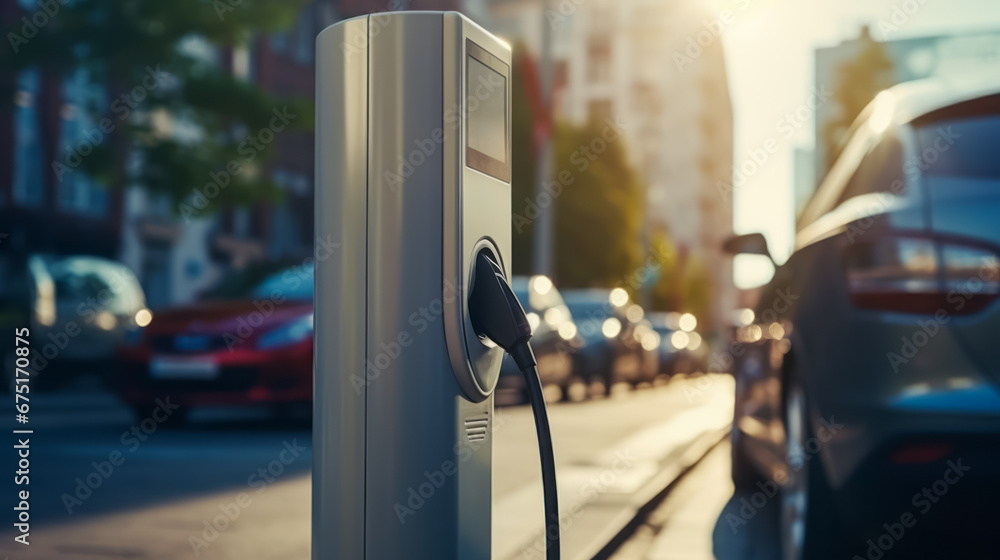 Electric car connected to charging station supplier. Charge battery. EV plug in. Future innovation and technology transport concept. Generative Ai Electric car connected to charging station supplier. Charge battery. EV plug in. Future innovation and technology transport concept. Generative Ai