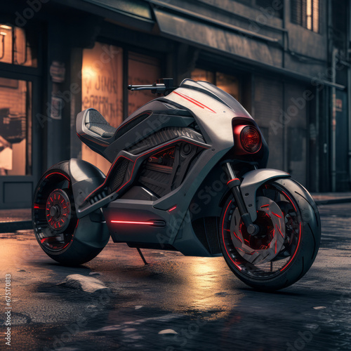 A Professional Shot of a Futuristic Bike, Prototype. Motorcycle in the street of a futuristic city, cyberpunk