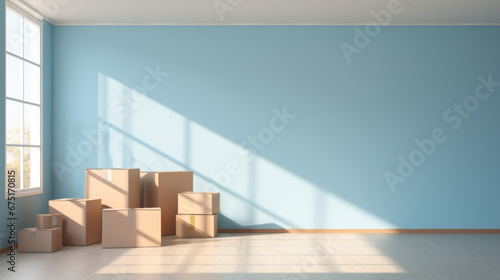 Empty blue template copy space wall with Cardboard boxes in empty room interior, moving concept. Sunlight big windows. Move to new building. Ai generative © ImageFlow