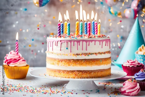 Birthday Cake with Sprinkles on table on light background in room interior