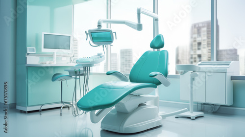 Dental teeth whitening office. Blue marine chair. Modern equipment. Ai generative.