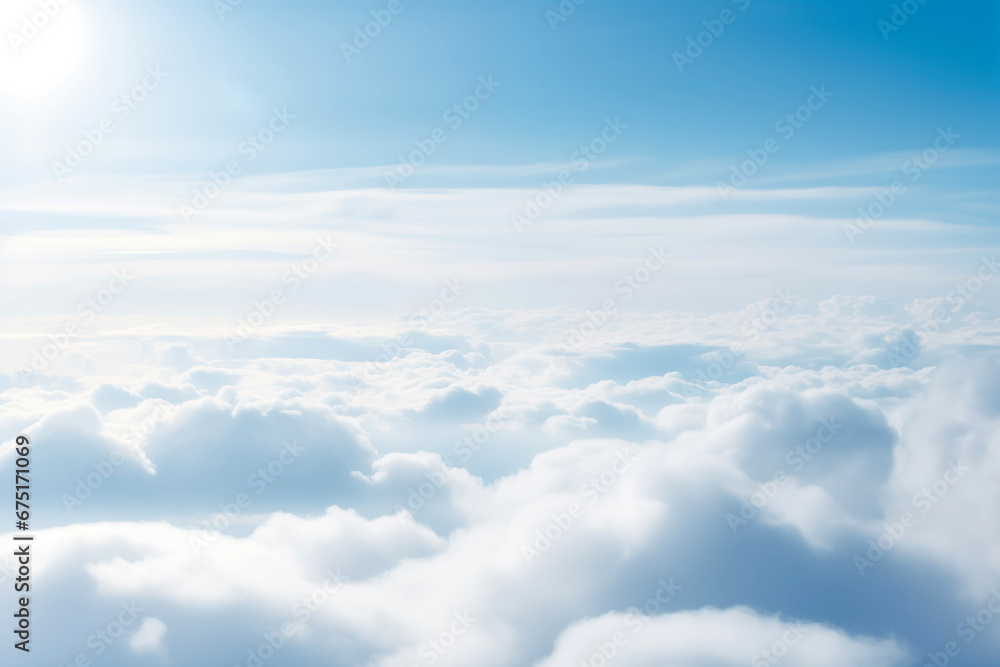Blue sky and white clouds with sunlight background. View from top. High quality photo