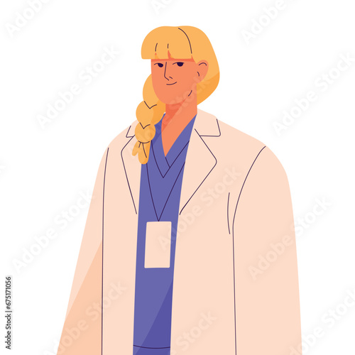 Doctor, hospital worker standing. Medic, nurse work in healthcare. Woman in medical gown, uniform portrait. Health care, emergency aid employe. Flat isolated vector illustration on white background