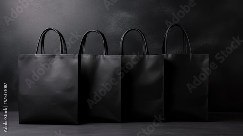 Black shopping bags on dark festive background banner