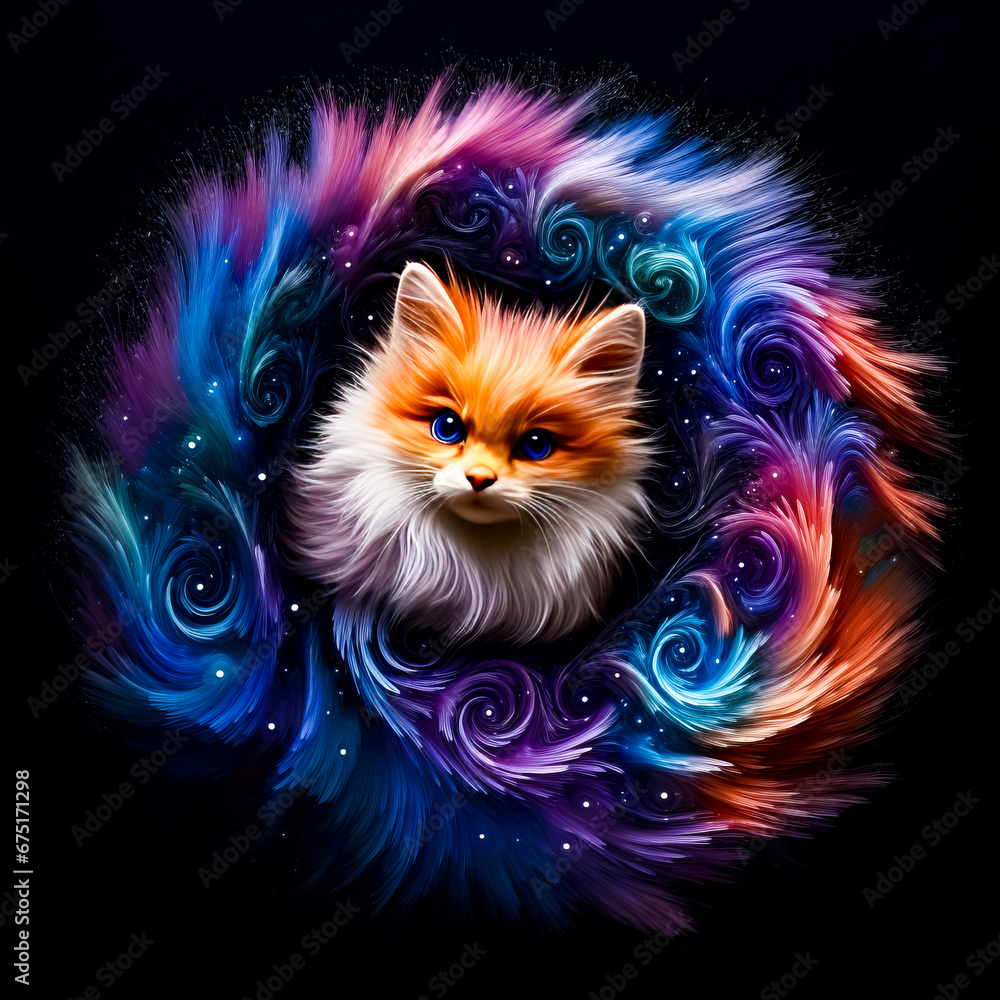 Painting of cat with colorful swirls on it's face.