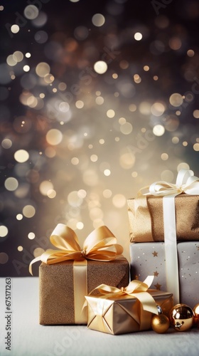 Christmas gift boxes filled on blurred bokeh festive background banner