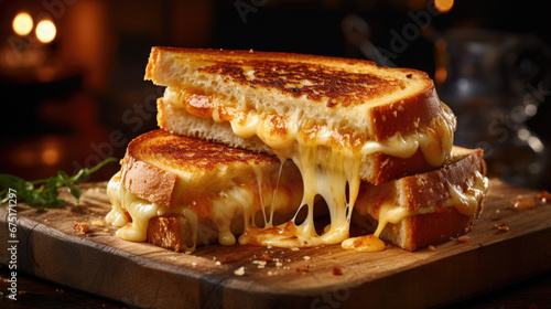Tasty cheese sandwiches on a wooden plate