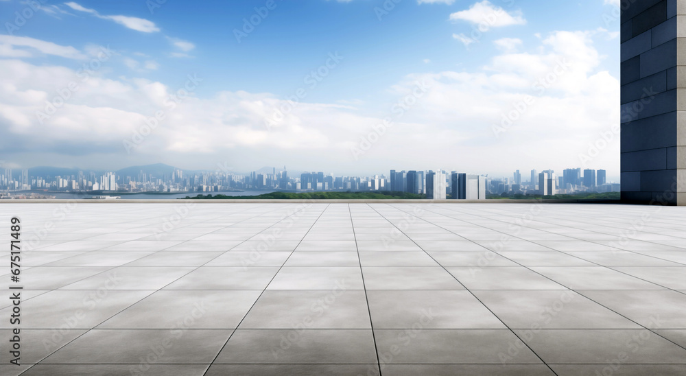 Empty square floor with cityscape and skyline at sunny day. High quality photo