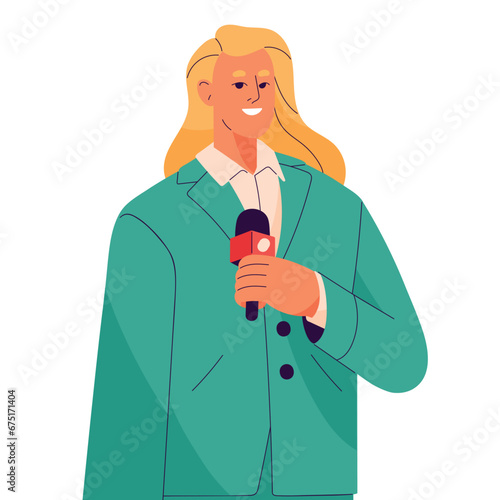 Professional journalist take interview. Reporter, newscaster with microphone report news on TV. Woman standing, hold mic portrait. Media business. Flat isolated vector illustration on white background