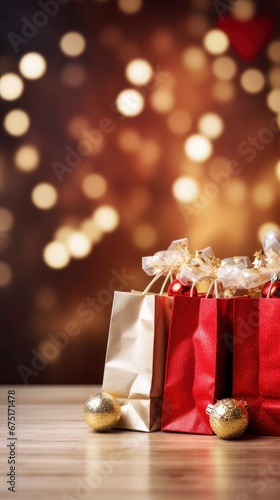 Christmas shopping bags filled with gifts on blurred bokeh festive background banner © shooreeq