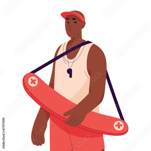 Professional beach lifeguard with lifebuoy standing. Young man works in emergency aid in swimming pool. Security staff, safety on water worker. Flat isolated vector illustration on white background