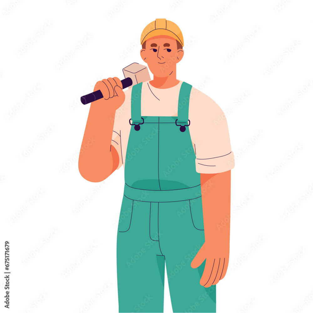Build worker, miner with work tool, hammer standing. Builder, engineer, contractor in helmet, uniform portrait. Repair service, construction industry. Flat isolated vector illustration on white Build worker, miner with work tool, hammer standing. Builder, engineer, contractor in helmet, uniform portrait. Repair service, construction industry. Flat isolated vector illustration on white