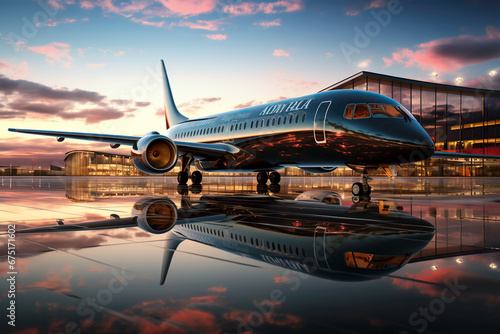 private black airplane business jet at airport at sunset