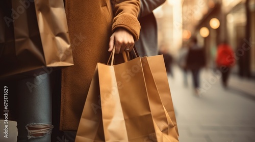 Stylish woman walking with shopping bags photo