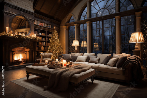 Luxury Christmas living room  winter mansion  cozy evening  Christmas tree  toned colors  