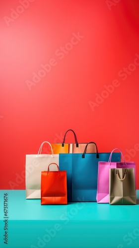 Vivid colored shopping bags filled with purchases on bright background