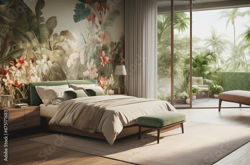 Green bedroom   Tranquil Bedroom with Lush Botanical Garden Wallpaper - Nature Inspired Interior Design  bedroom Interior 