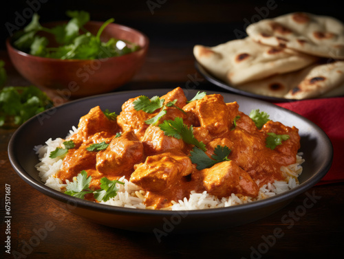 Tasty butter chicken curry dish from Indian cuisine. Hot spicy chicken tikka masala in bowl. Chicken curry with rice, indian naan butter bread, spices, herbs.