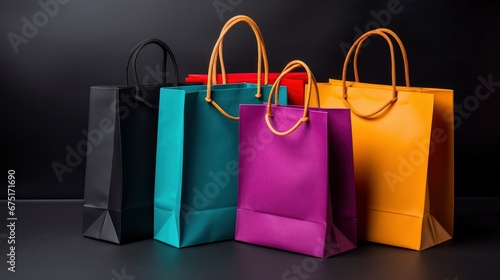 Vivid colored shopping bags filled with purchases on black background